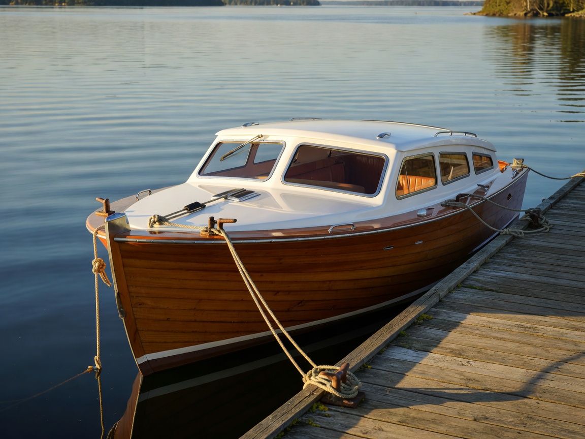 Modern cabin cruiser boat docked in a harbour