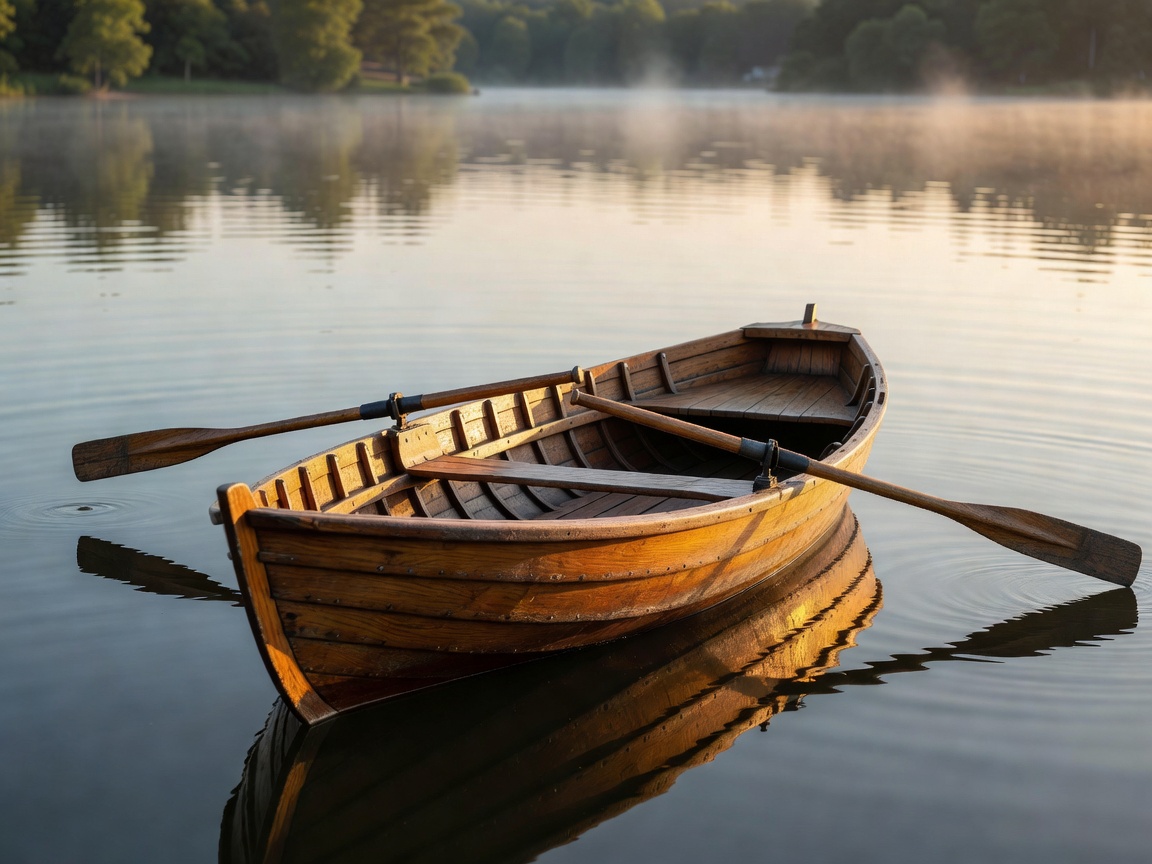 Classic wooden boat floating on a calm lake