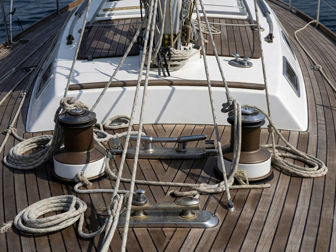 Close up of a sailboat deck, ropes and winches