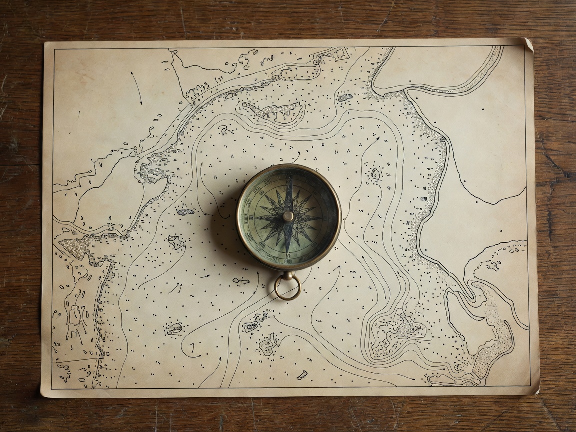 Nautical chart with a compass laying on top