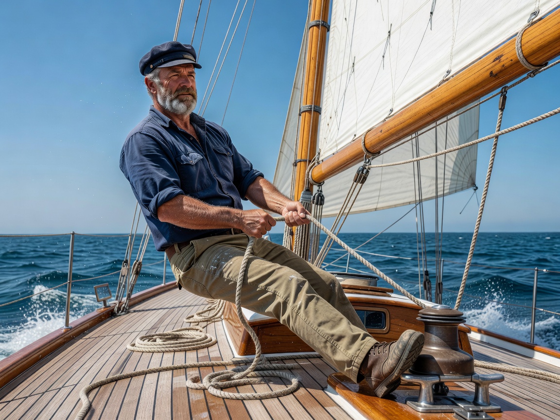 Sailor managing ropes on a yacht deck