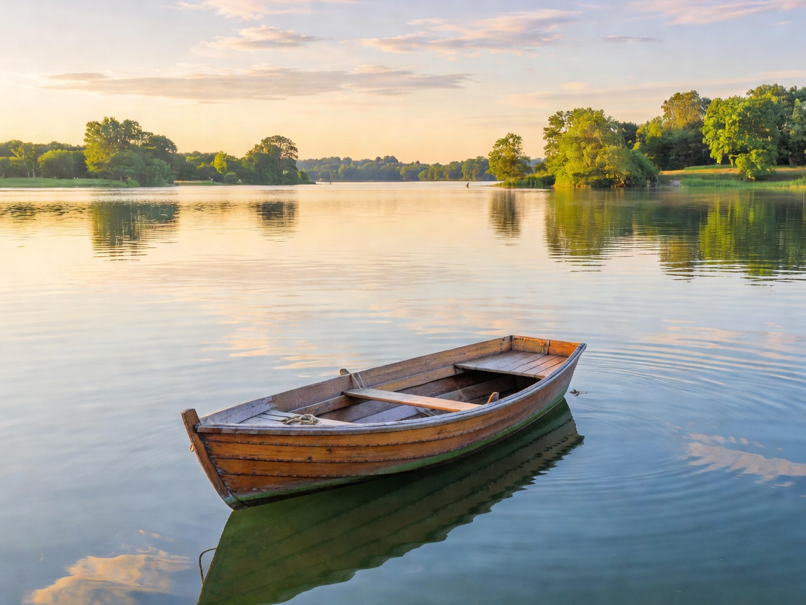 Small open day boat moving across a lake